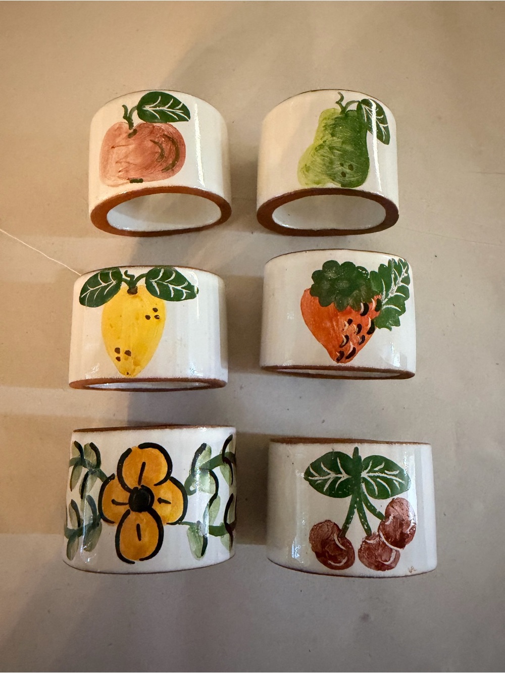 6 Italian hand painted pottery napkin rings vintage
